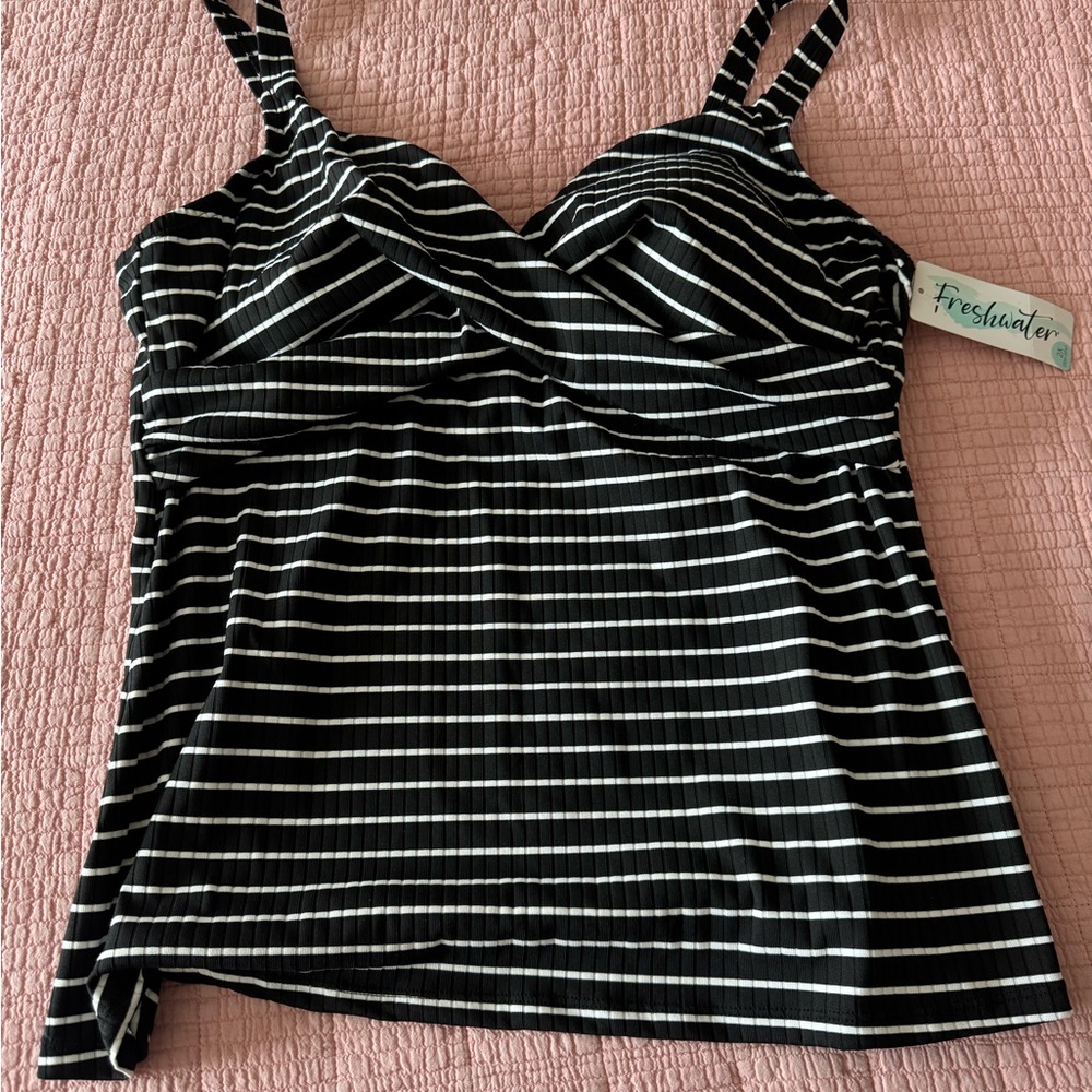 Black and White Striped Women's swim  Top